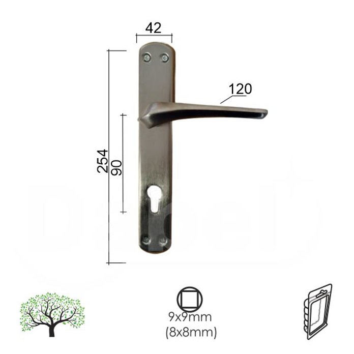 Slika Kvaka šild za vrata DABEL KOTOR inox 90/42/254/10/120/8/9 mm cilindar 0101993